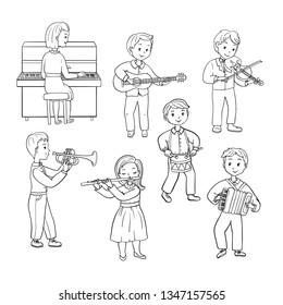 Children playing musical instruments. Concert. Coloring page. Vector illustration.