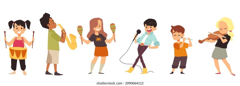 Children playing musical instruments and dancing, flat cartoon vector illustration isolated on white background. Kids music classes and creative development.