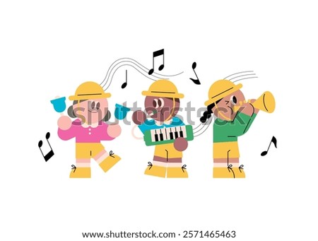 Children playing musical instruments. Kindergarten presentation. Playing music. flat character.