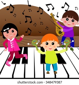 Children playing with musical instruments on a big piano.