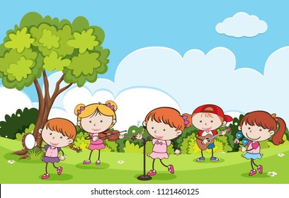 Children playing musical instruments in a park illustration