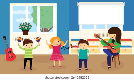 Children playing musical instruments in the room. Vector illustration in flat style