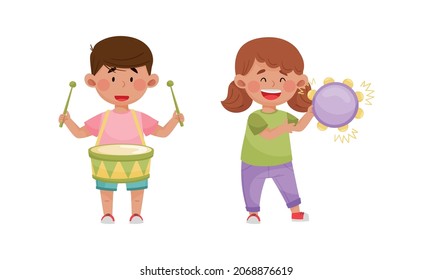 Children playing musical instruments set. Cirl and boy playing tambourine and drum cartoon vector illustratio