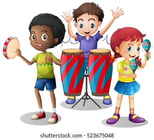 Children playing musical instruments together illustration