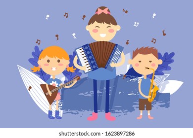 Children playing musical instruments, vector illustration. Kids cartoon characters, school music band performance. Boys and girls playing accordion, balalaika and saxophone. Music school for children