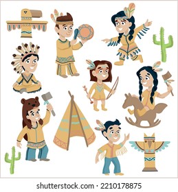 Children playing Native American Indians. Kids in native Indian costumes and headdresses having fun set. vector Illustrations on a white background. 
Cacti, totems, hut