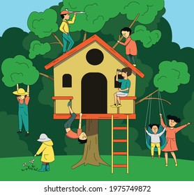 Children playing in nature. Children's tree house.