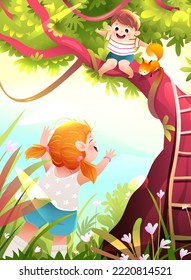 Children playing in nature park, climbing a big tree, boy sitting on branch. Colorful childhood in summer scenery, happy kids playing cartoon. Artistic vector illustration in watercolor style.