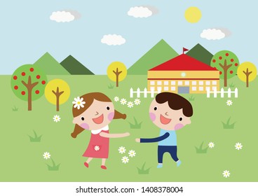 children playing near the house, cartoon children's world, children's characters