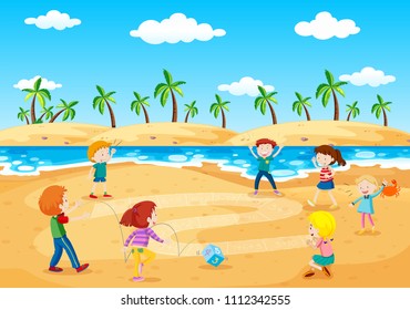 Children Playing Next to the Beach illustration