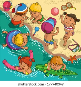 Crianças brincando na praia.