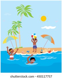 Children playing on the beach. Boy swimming, girl and boy playing with a ball. Vector illustration