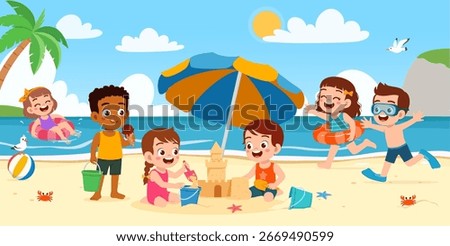 Children Playing on Beach Building Sandcastle Having Fun Sunny Day Vacation