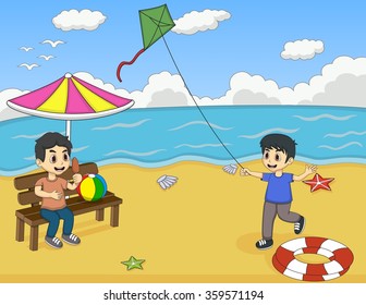 Children playing on the beach cartoon vector illustration