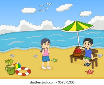 Children playing on the beach cartoon vector illustration