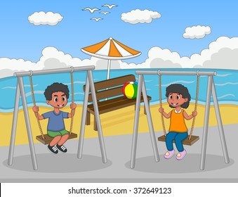 Children playing on the beach cartoon vector illustration