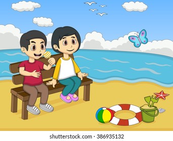Children playing on the beach cartoon vector illustration