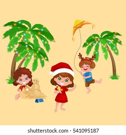 children playing on the beach. Christmas vacation on the beach. a boy with a kite, palm trees with garlands. Little girl sculpts a snowman made of sand. tropical christmas