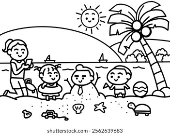 Children playing on the beach coloring pages style.