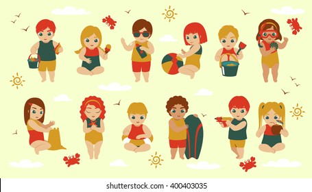 Children playing on the beach in different ways