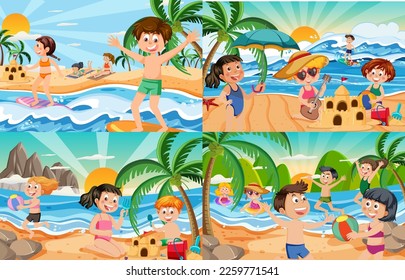 Children playing on the beach in summer isolated illustration