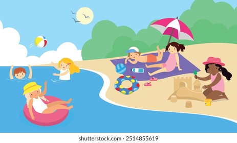 Crianças brincando na praia. Férias de verão. Ilustração de vetor de design plano.
