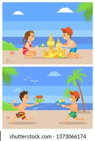 Children playing on beach vector, summertime vacations of kids. Boys having water fight using guns with liquids, brother and sister building sand castle