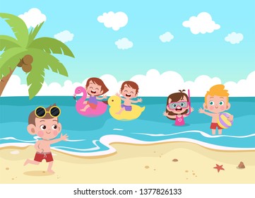 children playing on the beach vector illustration