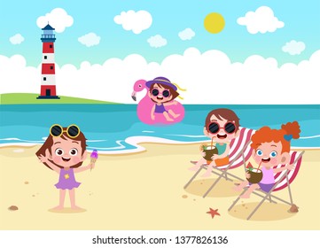 children playing on the beach vector illustration