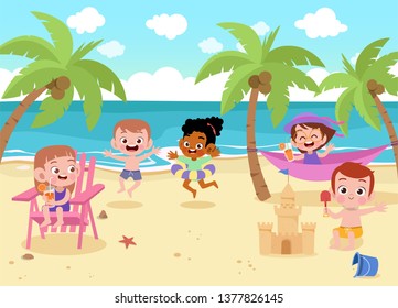 children playing on the beach vector illustration