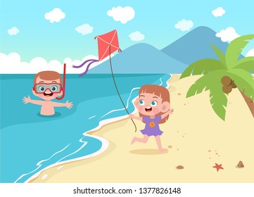 children playing on the beach vector illustration