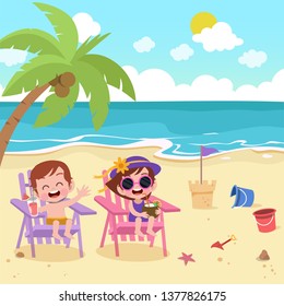 children playing on the beach vector illustration