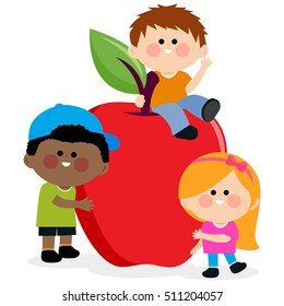 Children playing on a big apple. Vector illustration