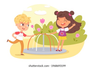 Children playing on carousel in park or playground. Happy kids doing outdoor summer activities vector illustration. Boy and girl playing in nature outside. Flowers in background.