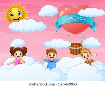 Los niños jugando en la nube y el fondo rosado