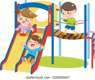 Children playing on compound playground equipment with slides