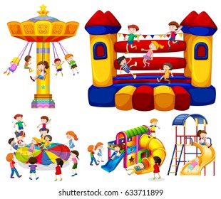 Children playing on different rides illustration
