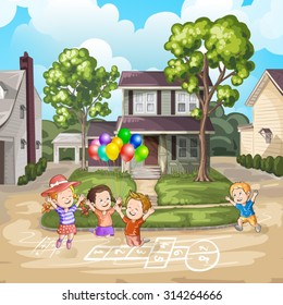 Children playing on the driveway in front of house