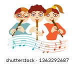  Children playing on the flute. Illustration of three children playing on the flute with wave with musical notes. Isolated on white background. Vector available.