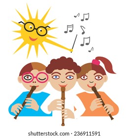 Children playing on the flute.  Three children playing on the flute and the sun as a conductor.Vector illustration. 