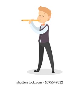 Children playing on flute on white background.
