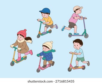 Niños jugando en patinetas. Ilustración de dibujo de línea simple.