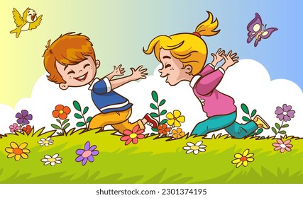 Children playing on the meadow with flowers. Vector cartoon illustration.