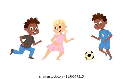 Children Playing on Playground in City Park Engaged in Football and Game of Tag Vector Illustration Set