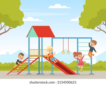 Children Playing on Playground in City Park with Slide and Ladder Vector Illustration