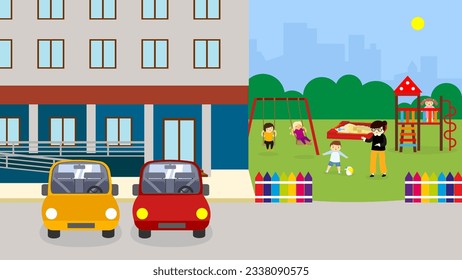 Children playing on playground in the city. Vector illustration in flat style