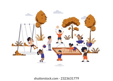 Children playing on playground concept with character scene for web. Boys and girls play in sandbox, swing, jumping rope. People situation in flat design. Vector illustration for marketing material.