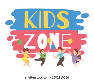Children Playing on Playground Dancing and Jumping with Colorful Balloons in Kids Zone Place for Games. Amusement Park Advertising Creative Typography and Characters Cartoon Flat Vector Illustration
