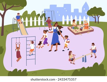 Children playing on the playground. Playground equipment. Seesaw, swing, sanpit, slide. Mother, babbysitter with kids. Summer outdoor activities.