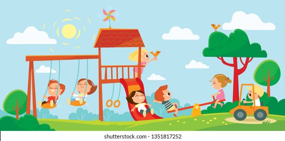 Children playing on playground. Kids swinging and playing. Summer background with trees.